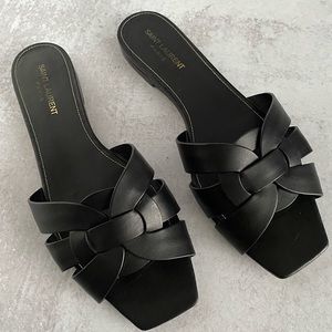 YSL Yves Saint Laurent Tribute Black Leather Flat Sandals Size 40 1/2 - 10.5